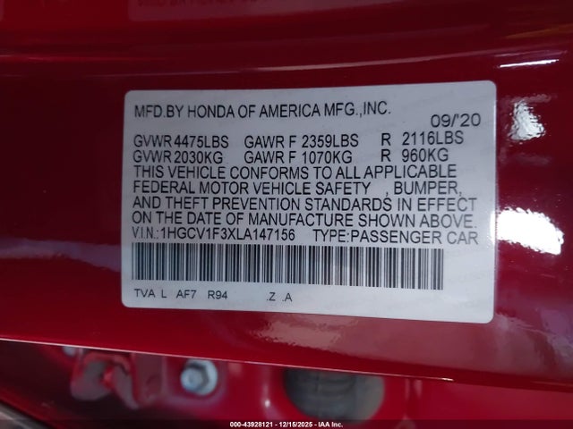 1HGCV1F3XLA147156 Honda Accord Sport