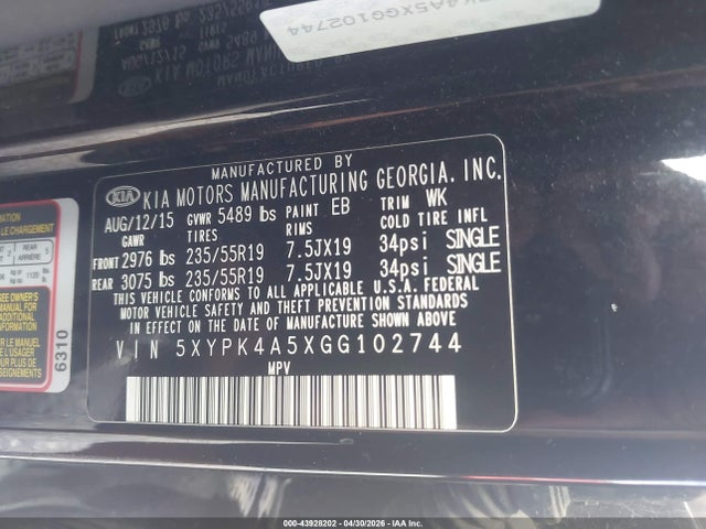 Aukcja sprzedaży 2016 Kia Sorento 3.3l Sxl, vin: 5XYPK4A5XGG102744, numer aukcji: 43928202