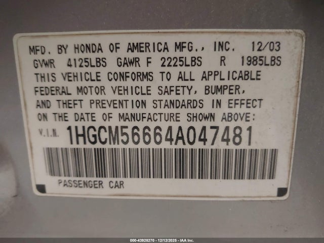 Продаж на аукціоні авто 2004 Honda Accord 2.4 Ex, vin: 1HGCM56664A047481, номер лоту: 43928270
