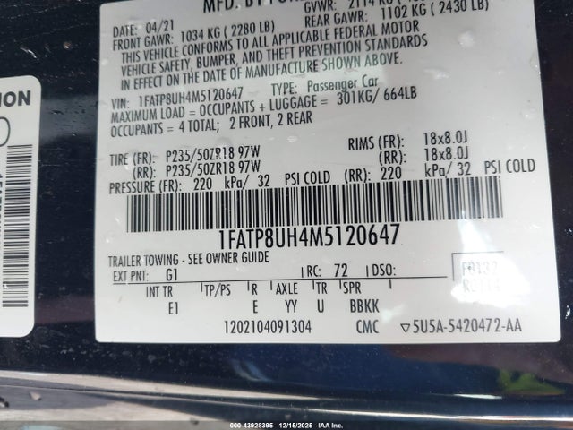 1FATP8UH4M5120647 Ford Mustang Ecoboost Premium