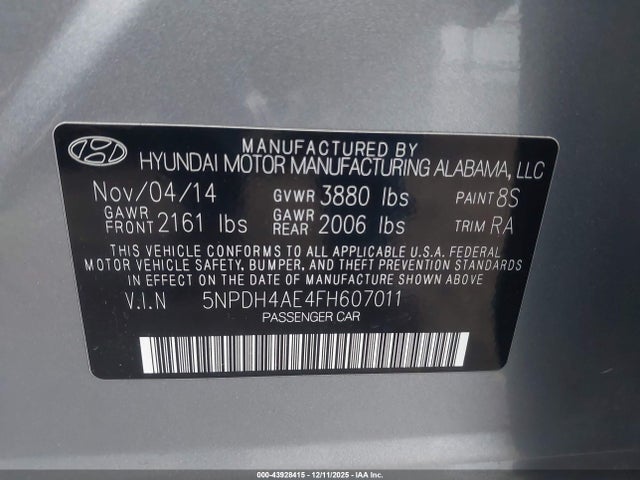 5NPDH4AE4FH607011 Hyundai ELANTRA SE