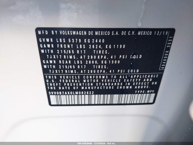 2020 VOLKSWAGEN TIGUAN 3VV0B7AX0LM082622 Photo 8
