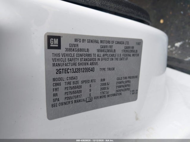 Продаж на аукціоні авто 2008 Gmc Sierra 1500 Sle2, vin: 2GTEC13J281209540, номер лоту: 43928520