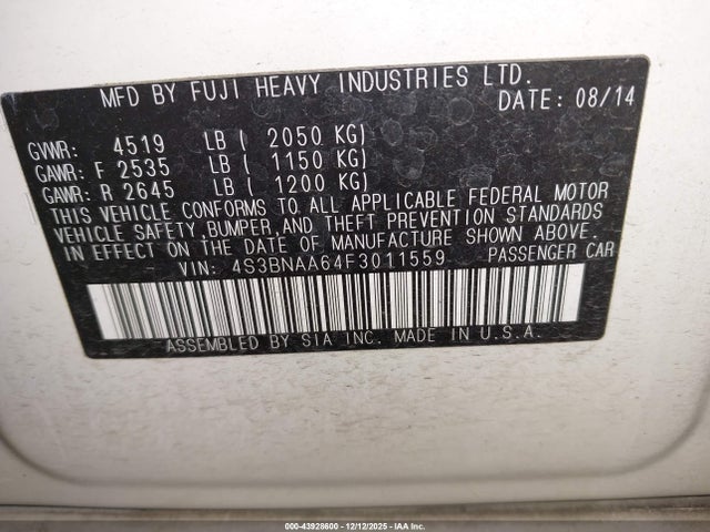 Subaru Legacy 2.5i 2015 4S3BNAA64F3011559 Image 9