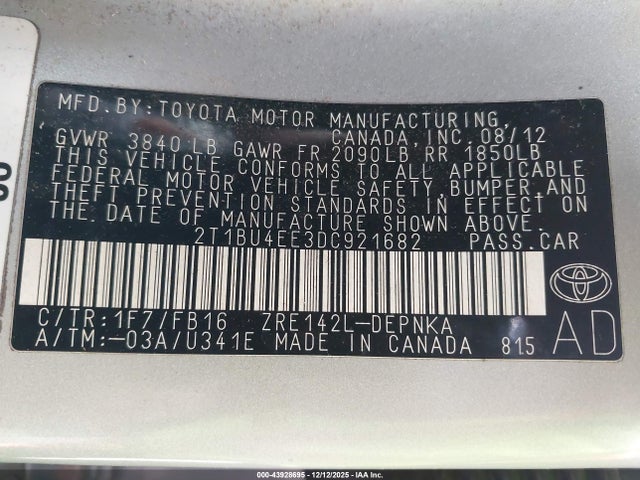 2013 Toyota Corolla Le მანქანა იყიდება აუქციონზე, vin: 2T1BU4EE3DC921682, აუქციონის ნომერი: 43928695
