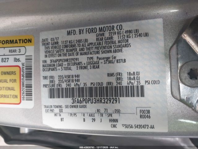 2017 FORD FUSION ENERGI 3FA6P0PU3HR329291 Photo 8