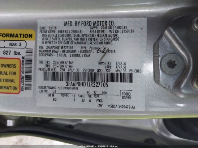 2018 FORD FUSION 3FA6P0HD1JR227105 Photo 8