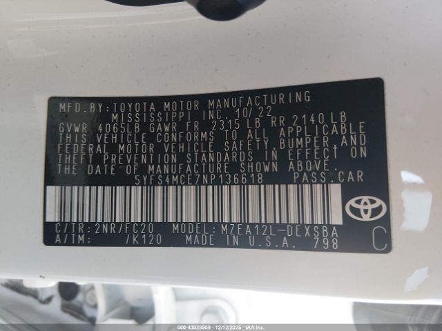 2022 TOYOTA COROLLA 5YFS4MCE7NP136618 Photo 8