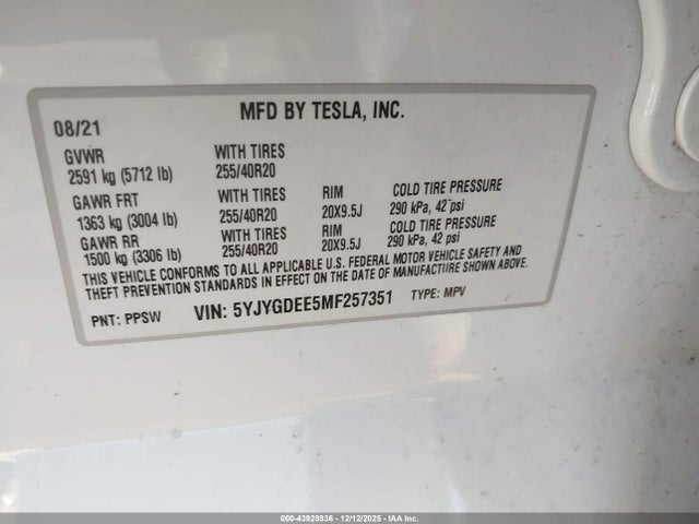 2021 TESLA MODEL Y 5YJYGDEE5MF257351 Photo 8