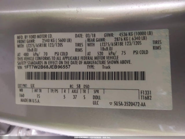 Ford F-250 Xl 2018 1FT7W2B68JEB96557 Image 9