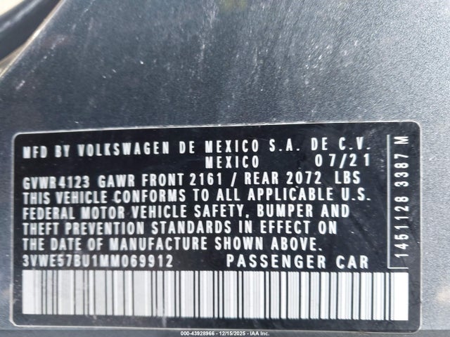 Aukcja sprzedaży 2021 Volkswagen Jetta 1.4t Sel, vin: 3VWE57BU1MM069912, numer aukcji: 43928966
