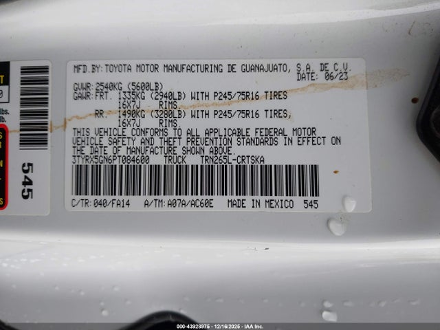 Продажа на аукционе авто 2023 Toyota Tacoma Sr, vin: 3TYRX5GN6PT084600, номер лота: 43928975