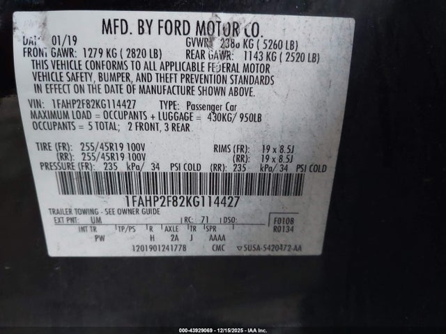 1FAHP2F82KG114427 Ford Taurus Limited