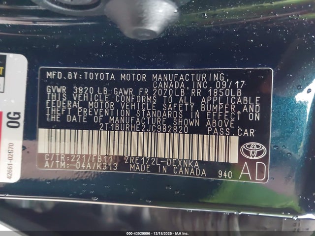 Aukcja sprzedaży 2018 Toyota Corolla Le, vin: 2T1BURHE2JC982820, numer aukcji: 43929096