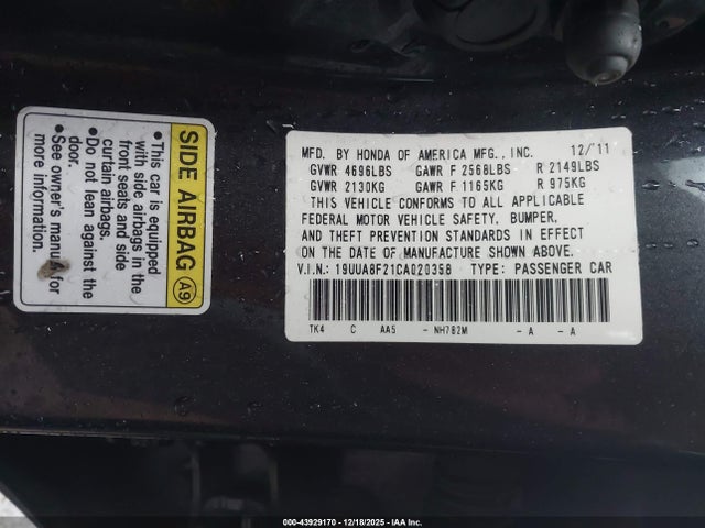 Aukcja sprzedaży 2012 Acura Tl 3.5, vin: 19UUA8F21CA020358, numer aukcji: 43929170