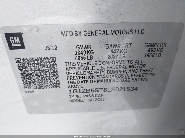 1G1ZB5ST8LF021534 Chevrolet Malibu Fwd Ls