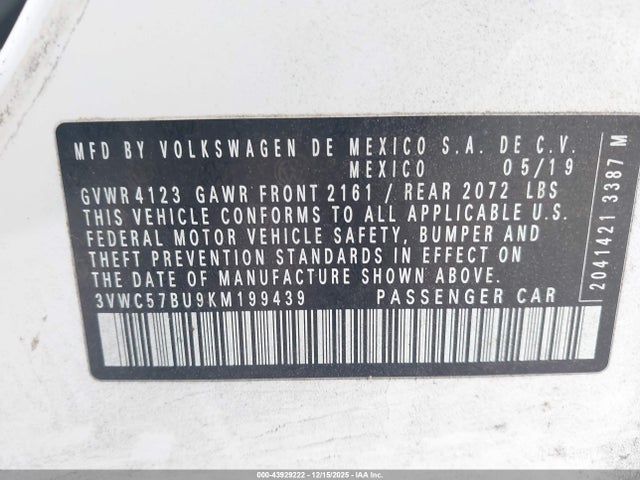 43929222 :رقم المزاد ، 3VWC57BU9KM199439 vin ، 2019 Volkswagen Jetta 1.4t R-line/1.4t S/1.4t Se مزاد بيع