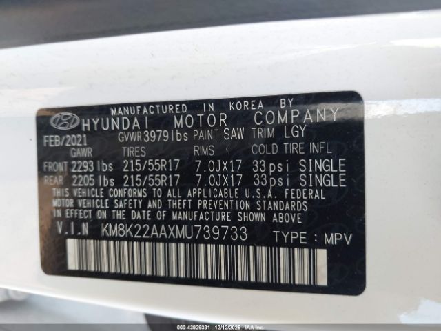 2021 HYUNDAI KONA KM8K22AAXMU739733 Photo 8
