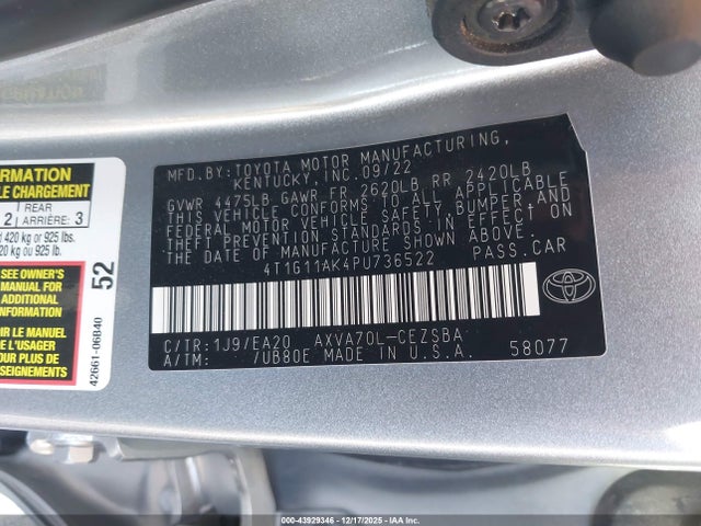 4T1G11AK4PU736522 Toyota CAMRY SE