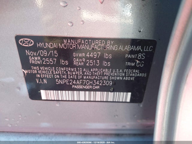 Продаж на аукціоні авто 2016 Hyundai Sonata Se, vin: 5NPE24AF7GH342309, номер лоту: 43929366
