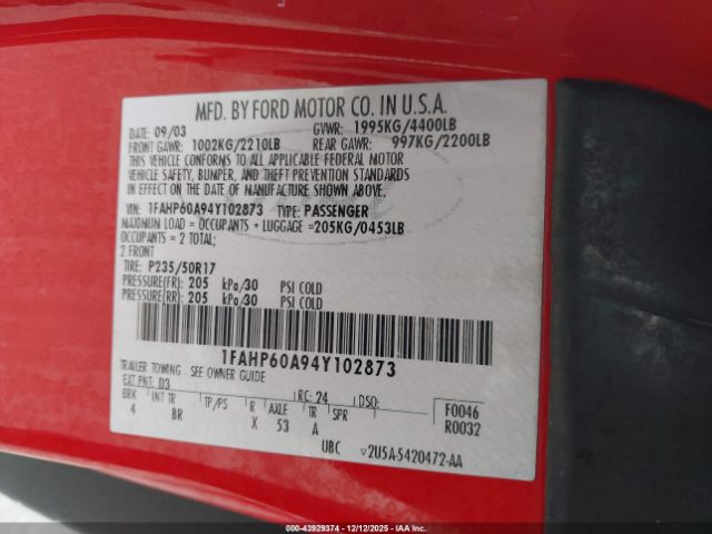 2004 FORD THUNDERBIRD 1FAHP60A94Y102873 Photo 8