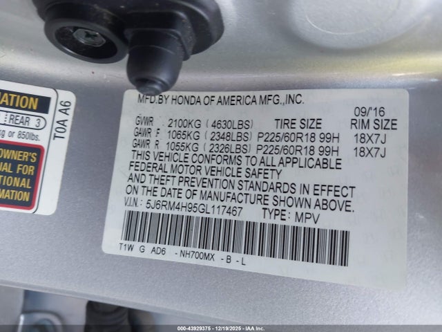 Honda Cr-v Touring 2016 5J6RM4H95GL117467 Image 9