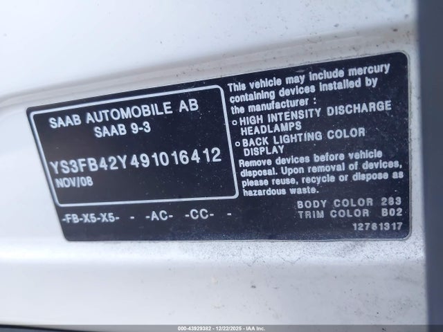 2009 SAAB 9-3 YS3FB42Y491016412 Photo 8