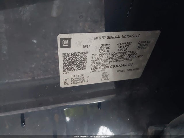 Aukcja sprzedaży 2018 Gmc Yukon Slt, vin: 1GKS1BKC5JR149224, numer aukcji: 43929402