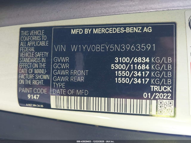 2022 Mercedes-benz Metris მანქანა იყიდება აუქციონზე, vin: W1YV0BEY5N3963591, აუქციონის ნომერი: 43929403