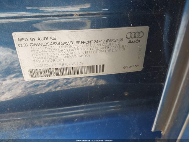 2008 AUDI A4 WAUDF78E68A155129 Photo 8