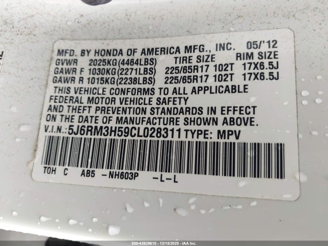 Продажа на аукционе авто 2012 Honda Cr-v Ex, vin: 5J6RM3H59CL028311, номер лота: 43929610