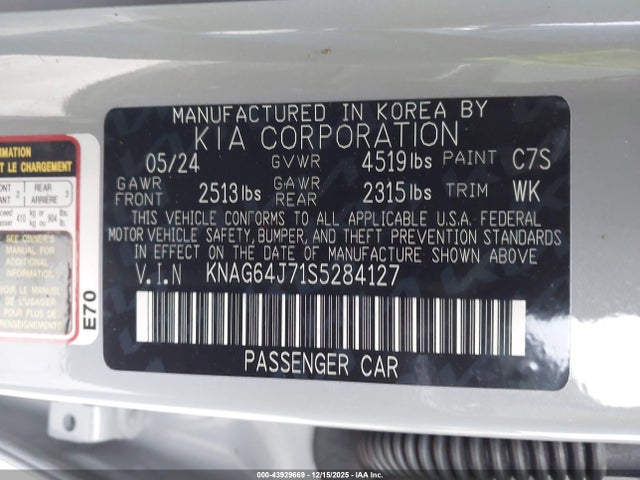 Aukcja sprzedaży 2025 Kia K5 Gt-line, vin: KNAG64J71S5284127, numer aukcji: 43929669