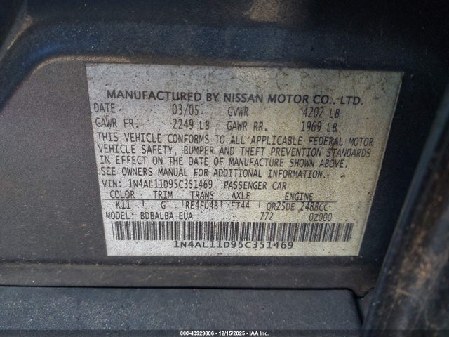 43929806 :رقم المزاد ، 1N4AL11D95C351469 vin ، 2005 Nissan Altima 2.5 S مزاد بيع