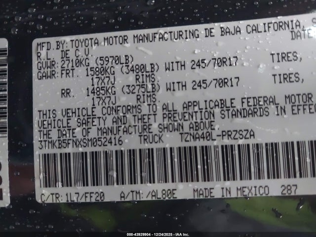 3TMKB5FNXSM052416 Toyota Tacoma Sr5