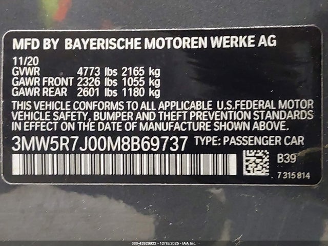 2021 Bmw 330i Xdrive მანქანა იყიდება აუქციონზე, vin: 3MW5R7J00M8B69737, აუქციონის ნომერი: 43929922