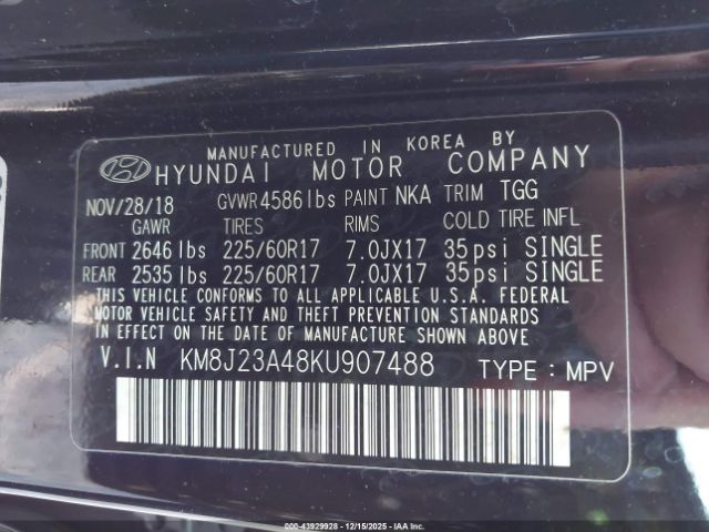 2019 HYUNDAI TUCSON KM8J23A48KU907488 Photo 8