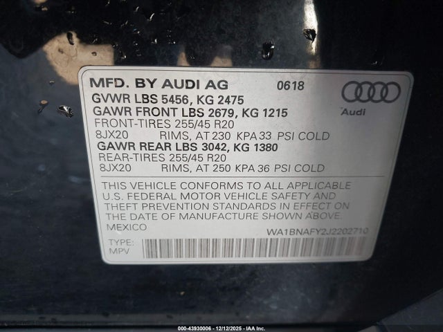 2018 Audi Q5 2.0t Premium/2.0t Tech Premium მანქანა იყიდება აუქციონზე, vin: WA1BNAFY2J2202710, აუქციონის ნომერი: 43930006