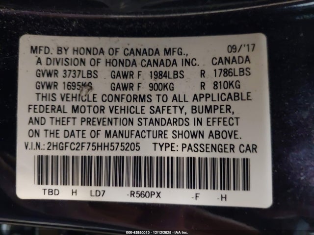 Honda CIVIC EX 2017 2HGFC2F75HH575205 Image 9