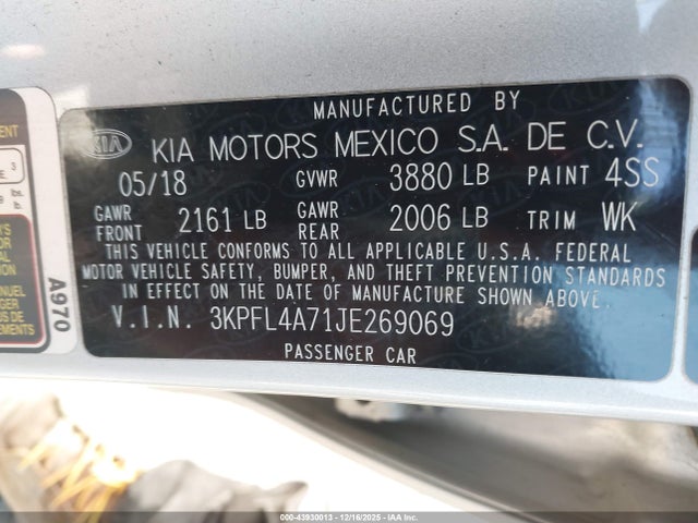 2018 Kia Forte Lx მანქანა იყიდება აუქციონზე, vin: 3KPFL4A71JE269069, აუქციონის ნომერი: 43930013