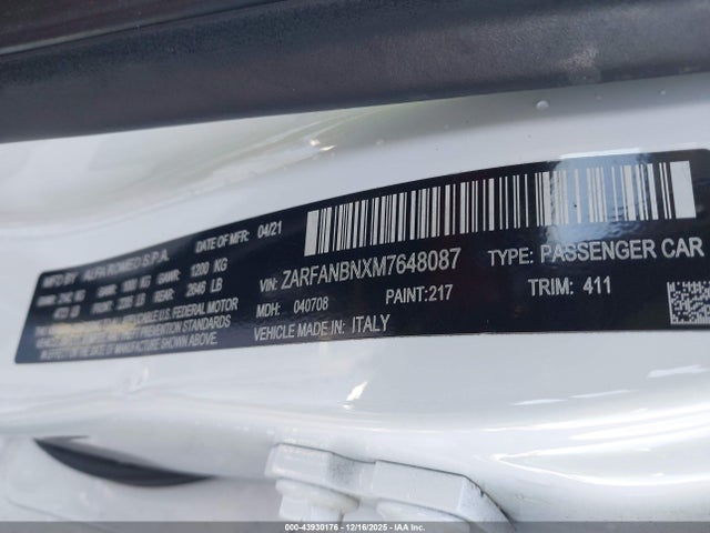 2021 ALFA ROMEO GIULIA ZARFANBNXM7648087 Photo 8