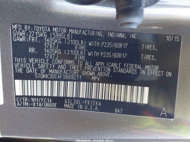 Toyota Sienna 2015 5TDKK3DC4FS669211 Image 23