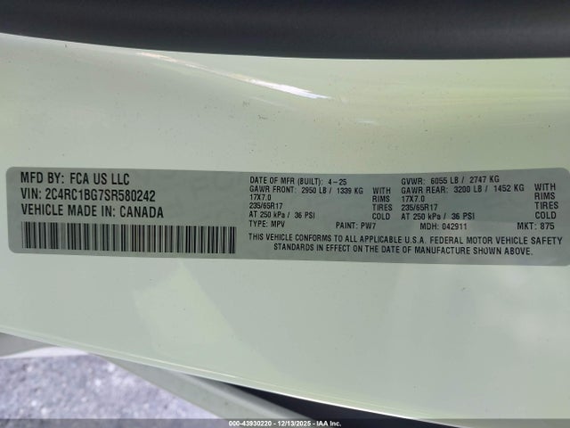 43930220 :رقم المزاد ، 2C4RC1BG7SR580242 vin ، 2025 Chrysler Pacifica Select مزاد بيع