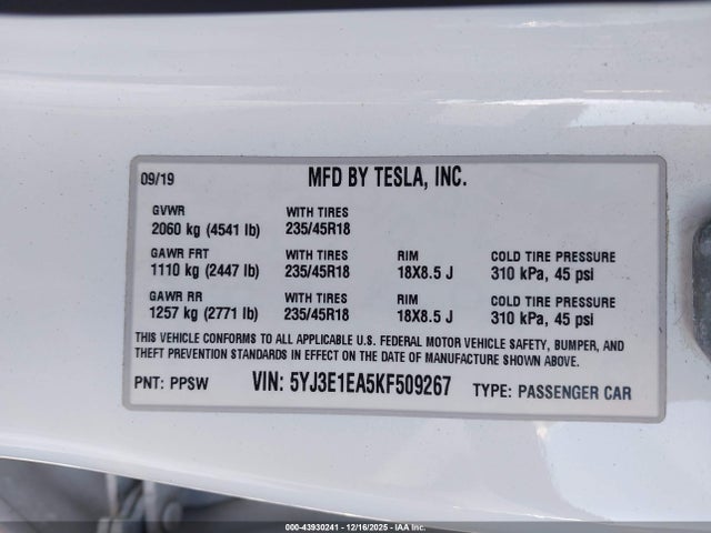 2019 TESLA MODEL 3 5YJ3E1EA5KF509267 Photo 8