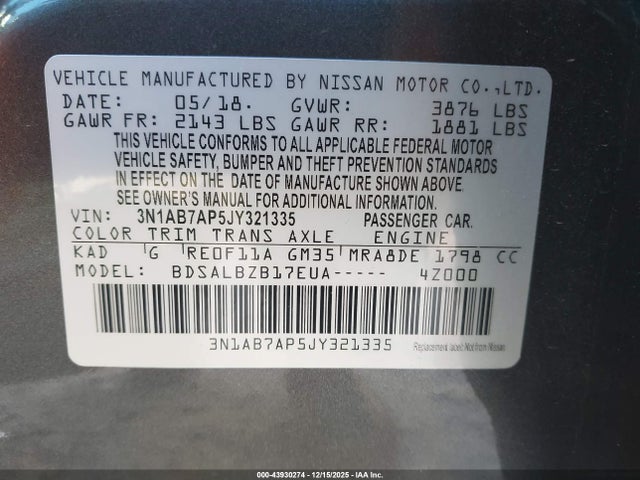 Продаж на аукціоні авто 2018 Nissan Sentra S, vin: 3N1AB7AP5JY321335, номер лоту: 43930274