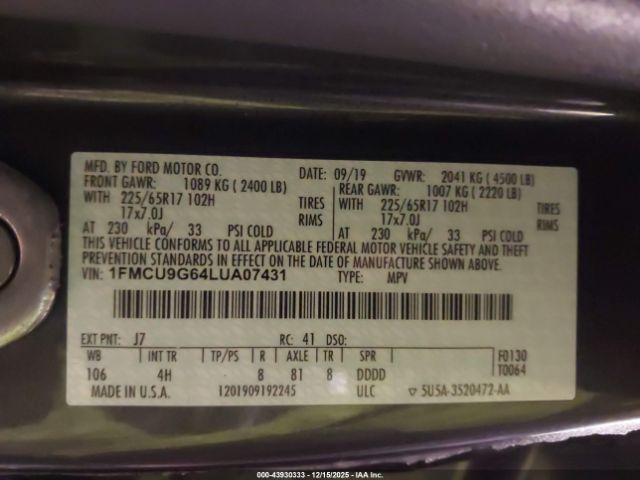 2020 FORD ESCAPE 1FMCU9G64LUA07431 Photo 8