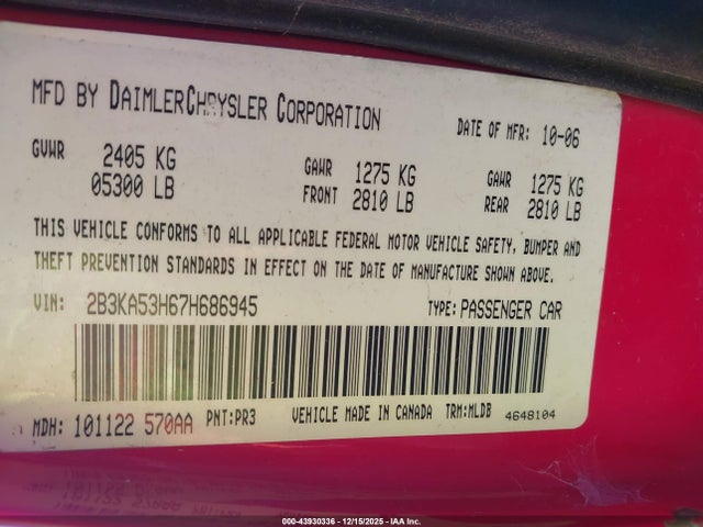 Aukcja sprzedaży 2007 Dodge Charger Rt, vin: 2B3KA53H67H686945, numer aukcji: 43930336