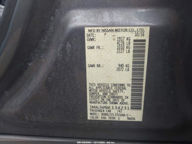 1N4AL3AP6HC134231 Nissan Altima 2.5 Sl