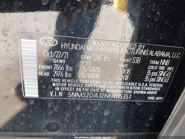 Aukcja sprzedaży 2022 Hyundai Santa Fe Sel, vin: 5NMS2DAJ2NH405351, numer aukcji: 43930411