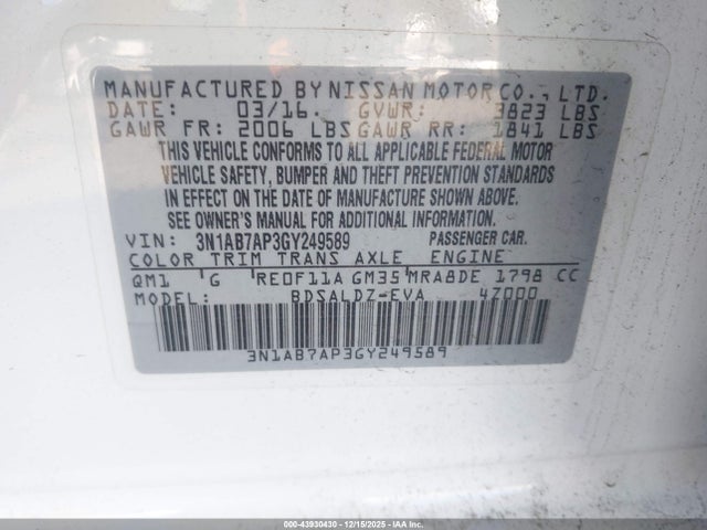 3N1AB7AP3GY249589 Nissan SENTRA SV