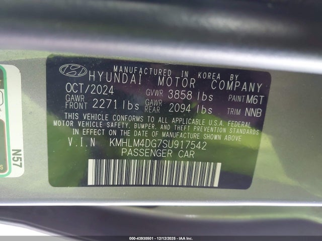 43930501 :رقم المزاد ، KMHLM4DG7SU917542 vin ، 2025 Hyundai Elantra Sel Sport مزاد بيع